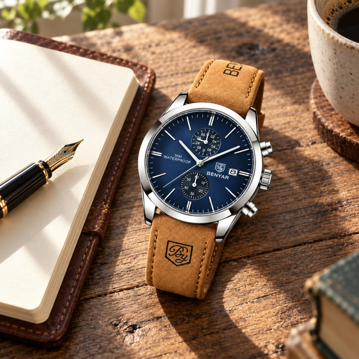Benyar Secca Chronograph on a wooden desk